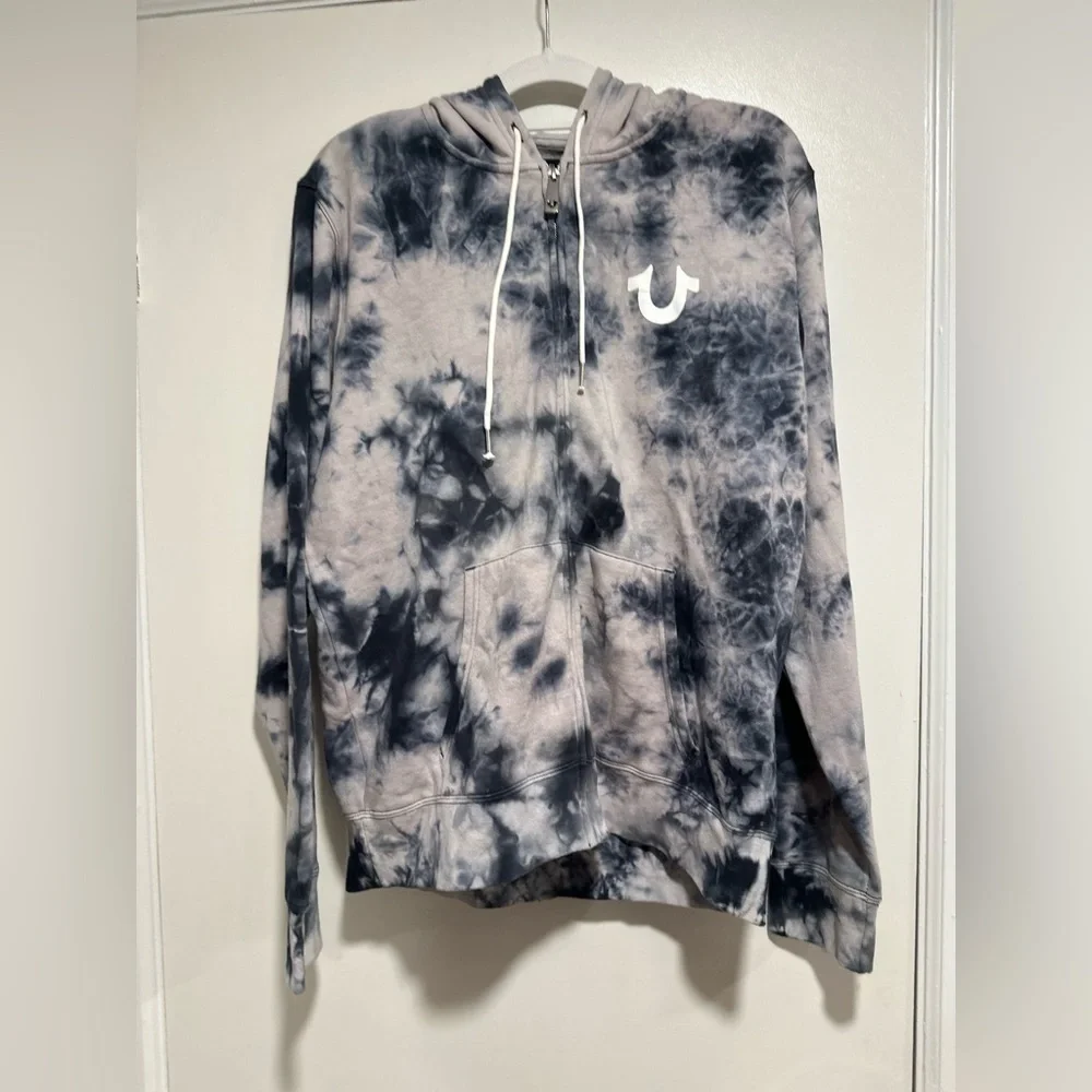 NWT True Religion Mens Sz:XL Black & White Tie Dye Full Zip Graphic Print Hoodie